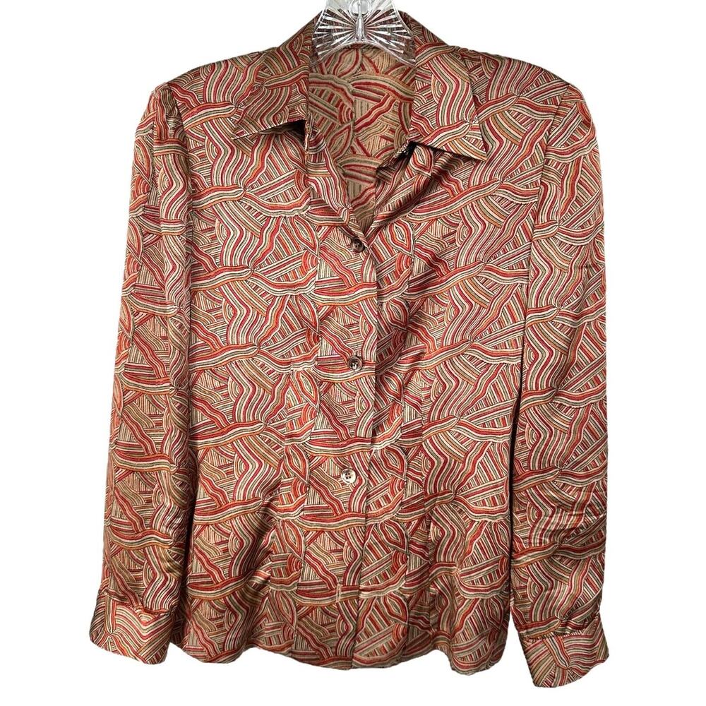 YOLA Women's Satin Button Down Shirt w/ Shoulder Pads Size S Brown Red Multi
